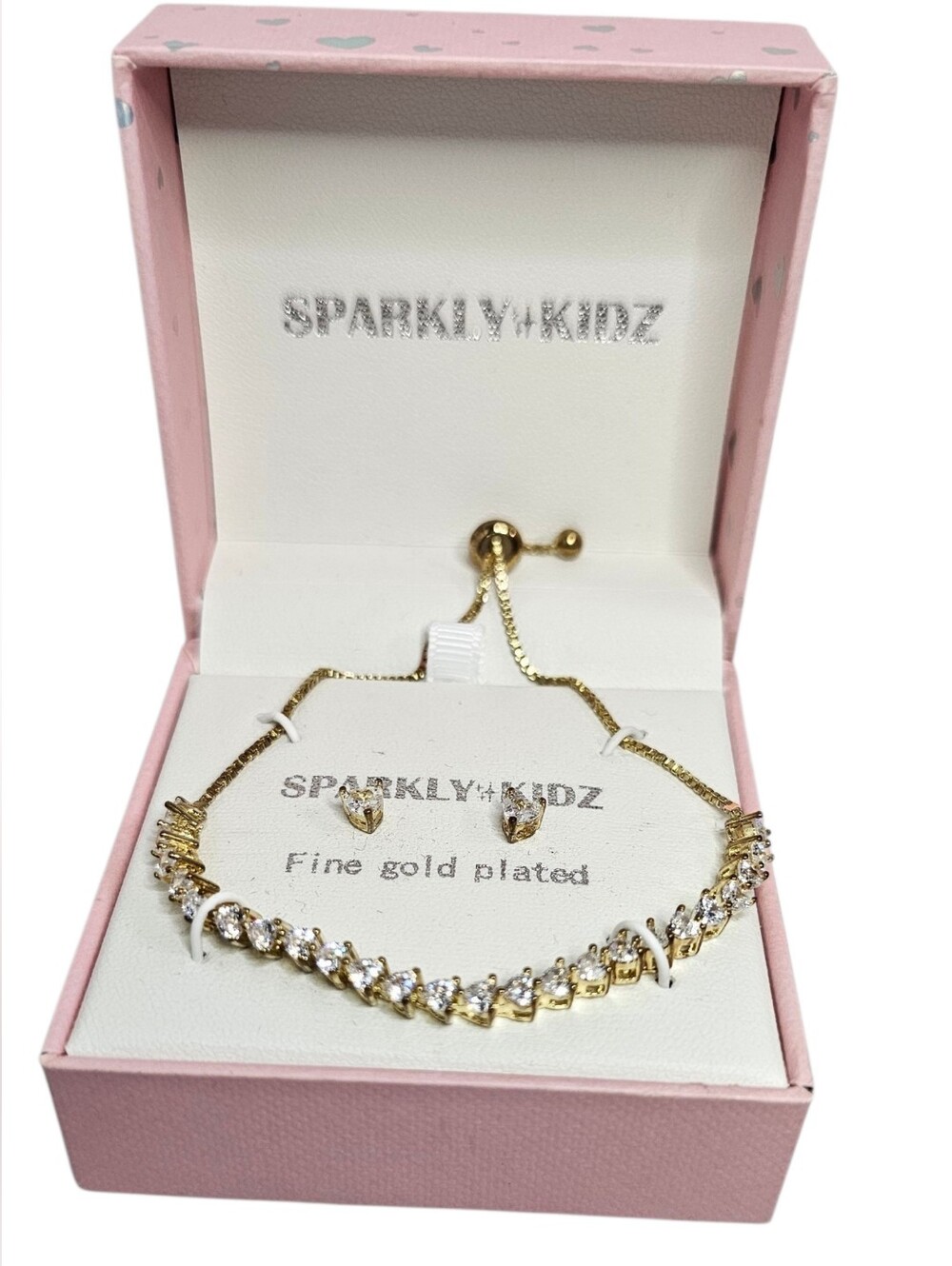 Sparkly Kidz Crystal-paved Tennis Bolo Bracelet & Heart Stud Earrings Set